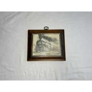 Train Print Wall Hanging on Wooden Background, Black & White Small, Steam Engine